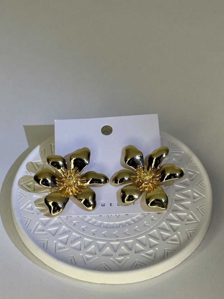 Çelik Gold Renk Çiçek Küpe